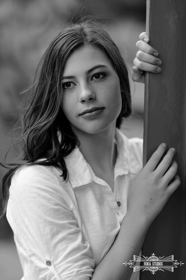 Denver senior photo of girl in black and white. 